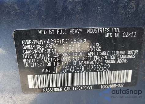 2012 Subaru Impreza 2.0I Premium from USA, damaged, VIN JF1GPAC69CH226582